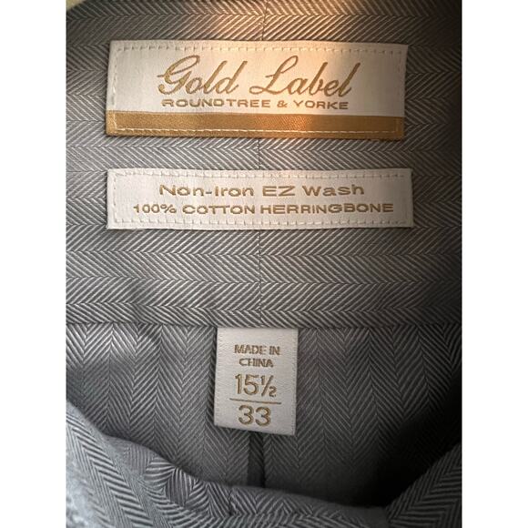 Roundtree & Yorke-Shirt-Men 15.5-33 Gold Label Non-Iron EZ Wash Gray Herringbone - Picture 6 of 7